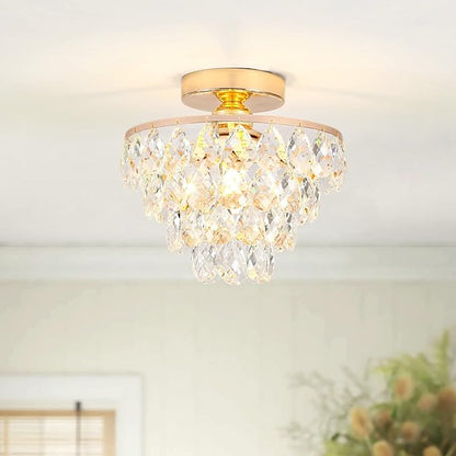 Luupyia Gold Crystal Chandelier Small, Mini Ceiling Light Modern Flush Mount Crystal Chandelier Hallway Overhead Light Fixtures Ceiling for Hallway Bedroom Hall Living Room E26