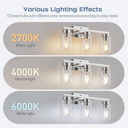 PARTPHONER 3-Light Bathroom Light Fixtures, Brushed Nickel Vanity Light with Clear Glass Shade, Modern Wall Sconce for Mirror Bedroom Living Room Hallway Lighting