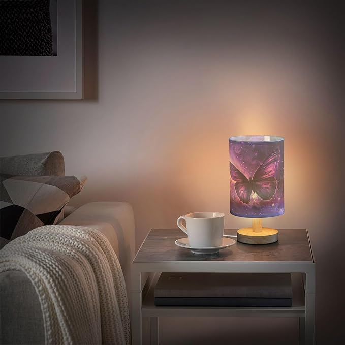 Bedside Table Lamp Butterfly Purple Galaxy Nightstand Lamp with Wood Desk Lamps for Bedroom Living Room Nursery Office Home Decor