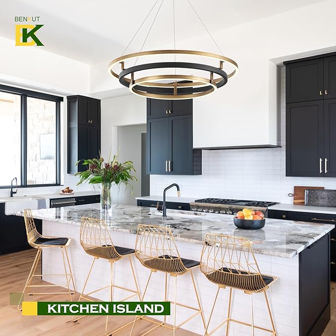 Benkut 3 Rings Modern LED Chandelier Black Gold Dimmable Circular Pendant Light for Dining Room, Foyer Chandelier with Remote Control Flush Mount High Ceiling Light for Kitchen Living Room, D30.7In