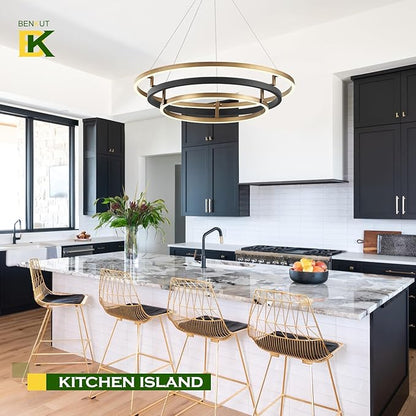 Benkut 3 Rings Modern LED Chandelier Black Gold Dimmable Circular Pendant Light for Dining Room, Foyer Chandelier with Remote Control Flush Mount High Ceiling Light for Kitchen Living Room, D30.7In