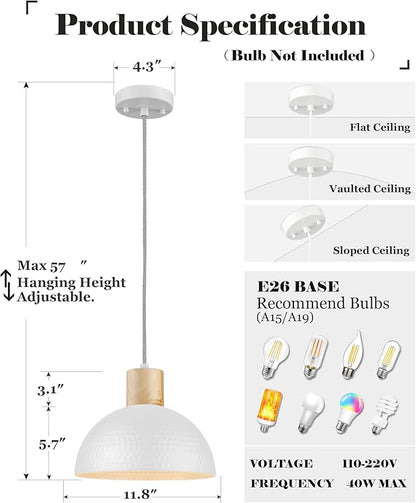 ELYONA 12" Hammered Pendant Light, Metal Dome Hanging Lamp Modern Solid Wood Pendant Light Fixtures for Kitchen Island, Farmhouse, Dining Room, Sink, Bedroom, Hallway, Nordic White