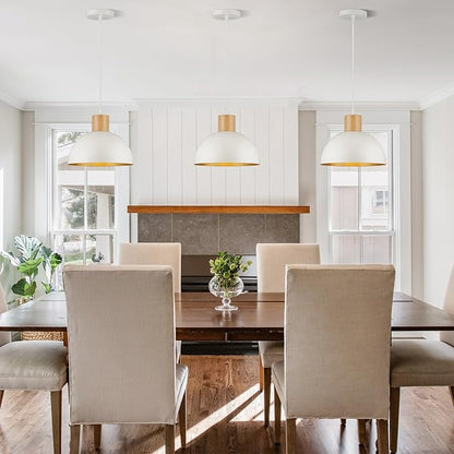 White Pendant Light, 11.8" Wood Dome Pendant Lights Fixtures Adjustable Modern Hanging Lighting, for Kitchen Island Dining Room Farmhouse Sink Bar Restaurant