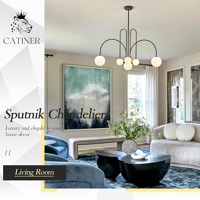 Sputnik Chandelier Brown,6 Lights Large Modern Chandelier L40”Mid Century Long Ceiling Pendant Light Fixtures for Dining Room with Milk Glass Globe Shades for High Ceiling Foyer Living Room