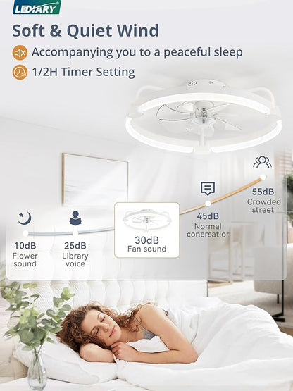 LEDIARY 2 Pack Ceiling Fans with Lights and Remote, 20'' Low Profile Ceiling Fan with Light, 3000-6000K Dimmable Fandelier LED Fan Light, 6 Wind Speeds, White Flush Mount Ceiling Fan for Bedroom