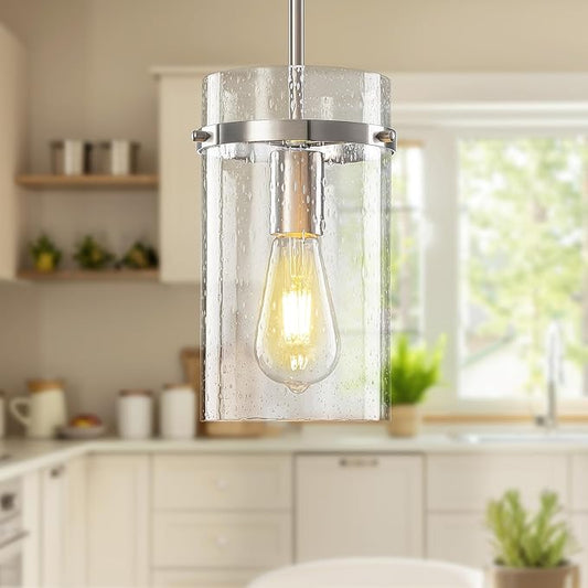 1 Pack Seeded Glass Pendant Lights Kitchen Island, Hanging Modern Pendant Light Fixtures, 5.5" Brushed Nickel Pendant Lighting Island Lights for Kitchen Over Sink Entryway Hallway