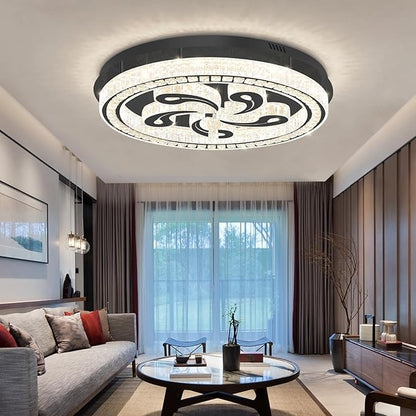 Modern Crystal Chandeliers for Dining Room Flush Mount Ceiling Chandelier for Living Room Dining Room Ring LED Crystal Ceiling Light (Round,32in Black,Dimmable 2700K-6500K)