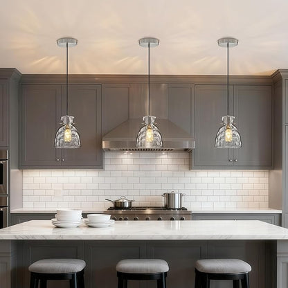 Brushed Nickel Pendant Lights Kitchen Island 2 Pack, 5.9“ Mini Hammered Glass Pendant Light Fixtures, Adjustable Modern Hanging Lights Kitchen Pendant Lighting over Island Sink Bathroom Dining Room