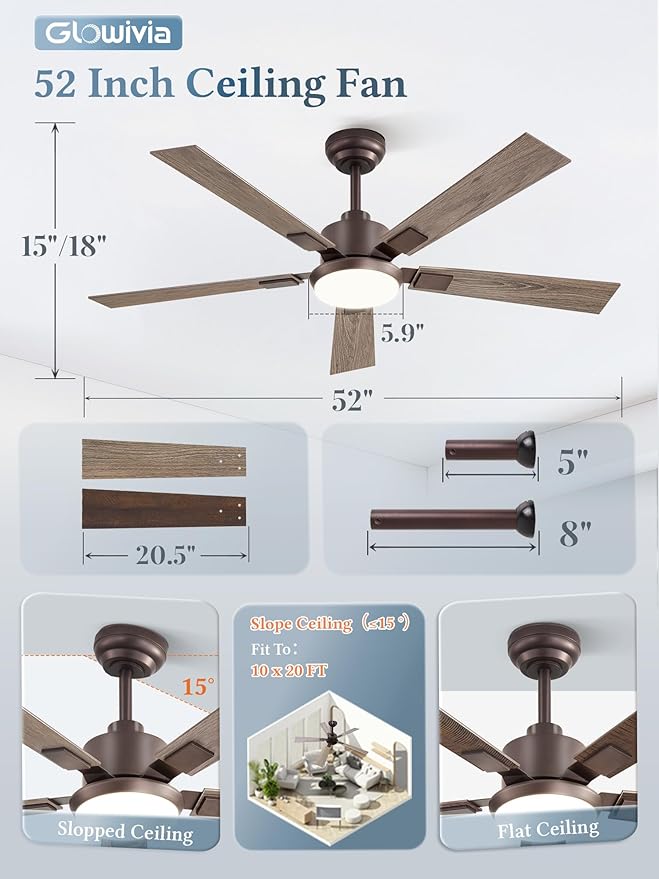 52 Inch Ceiling Fans with Lights and Remote&APP Control, Bronze Smart Ceiling Fan with 3000-6000K Dimmable, 6 Speeds Quiet Reversible Motor, Indoor/Outdoor Ceiling Fan for Bedroom Living Room