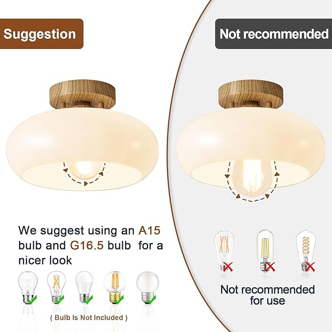 WOKNOS Mid-Century Modern Semi Flush Mount Ceiling Light, Faux Wood Kitchen Ceiling Light Fixture with Glass Shade, Mini White Close to Ceiling Lamp for Entryway Hallway Bathroom (11.0 Inch)