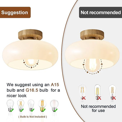 WOKNOS Mid-Century Modern Semi Flush Mount Ceiling Light, Faux Wood Kitchen Ceiling Light Fixture with Glass Shade, Mini White Close to Ceiling Lamp for Entryway Hallway Bathroom (11.0 Inch)