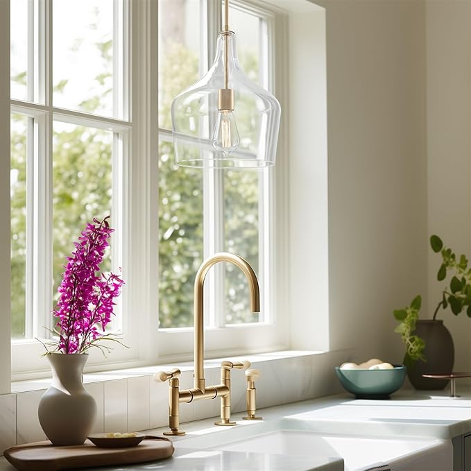 Kira Home Lucy 16" Modern Large Glass Pendant Light, Farmhouse Gold Hanging Light with Clear Vase Glass Shade, Cool Brass Finish