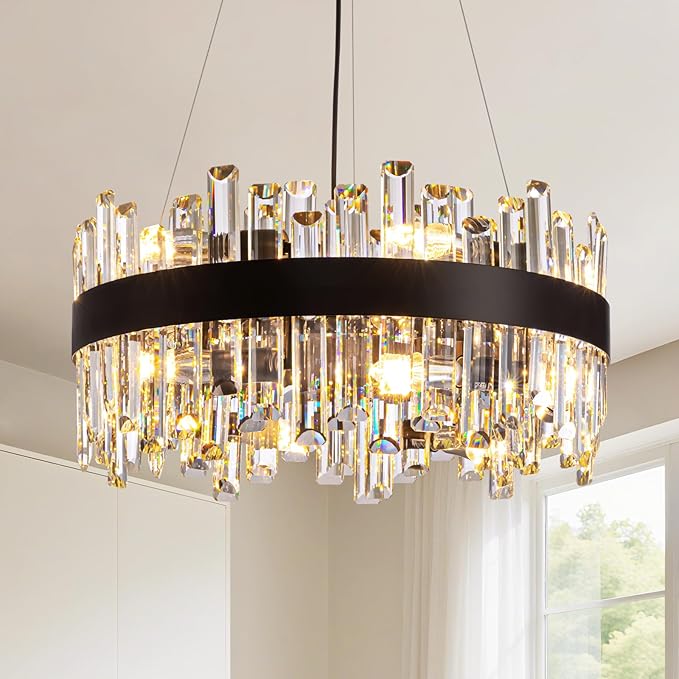 Modern Crystal Chandelier for Dining Room, 12-Light Luxury Black 2 Tiers Crystal Raindrop Chandelier, Contemporary Hanging Light Fixture for Living Room Entryway Foyer D19.7''