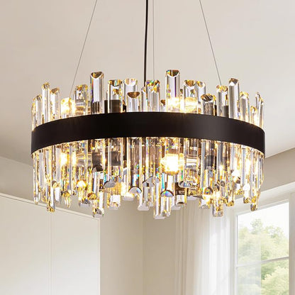 Modern Crystal Chandelier for Dining Room, 12-Light Luxury Black 2 Tiers Crystal Raindrop Chandelier, Contemporary Hanging Light Fixture for Living Room Entryway Foyer D19.7''