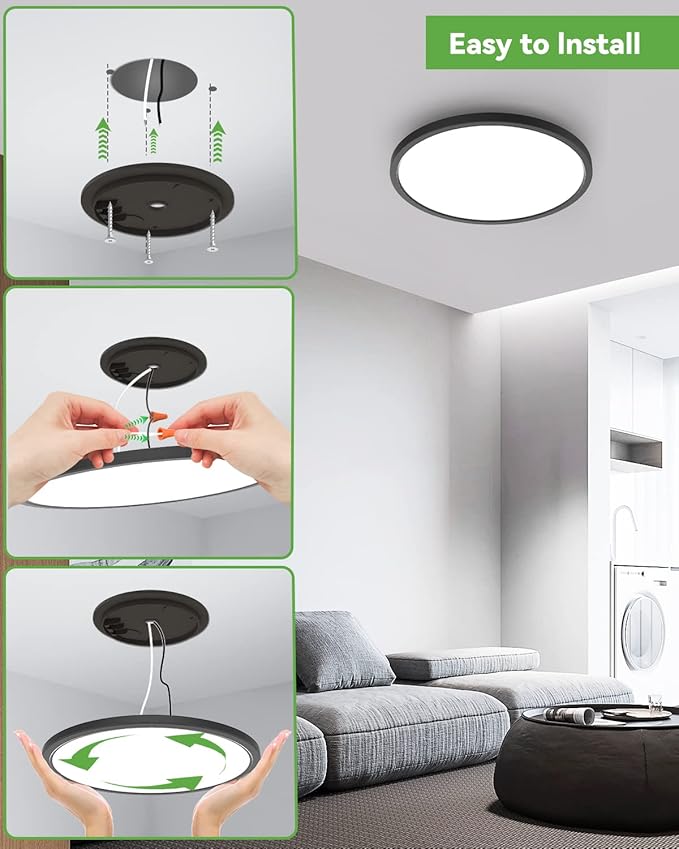 zemty 4Pack 12 Inch LED Ceiling Light Flush Mount, 24W 2640lm Super Slim Flush Mount Ceiling Lamp Fixtures, 3000K/3500K/4000K/5000K/6500K Selectable for Bedroom Bathroom Kitchen Living Room (Black)