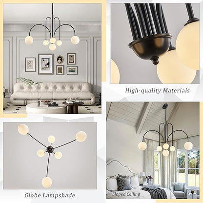 CATINER Modern Black Chandelier 6 Lights Sputnik Chandelier for Dining Room Large L40” Mid Century Ceiling Pendant Light Fixtures with Withe Glass Globe Shades for Foyer Bedroom