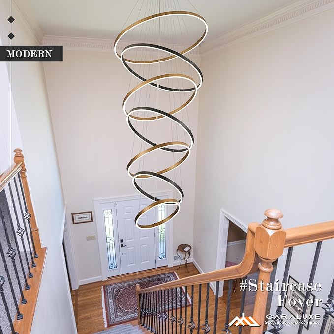 7 Ring LED Chandelier Black Gold Chandelier Large Dimmable Circular Chandeliers Light High Ceiling Round Chandeliers for Foyer Staircase Living Room 31in