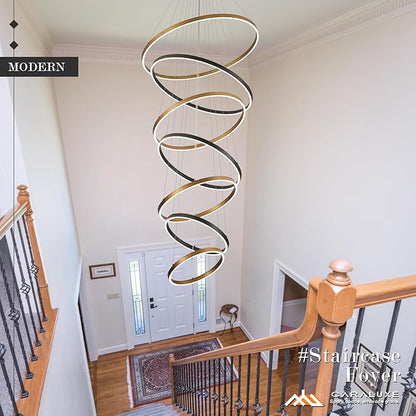 7 Ring LED Chandelier Black Gold Chandelier Large Dimmable Circular Chandeliers Light High Ceiling Round Chandeliers for Foyer Staircase Living Room 31in
