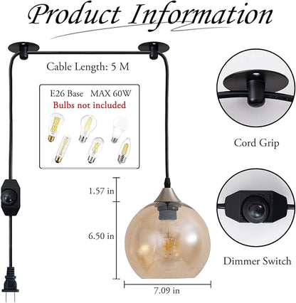 Amber Raindrop Pendant Light Plug in Hanging Lamp with Dimmable Switch Textured Teardrop Glass Shade 16.4 Ft Cable for Living Room Bedroom Bohemian Decor