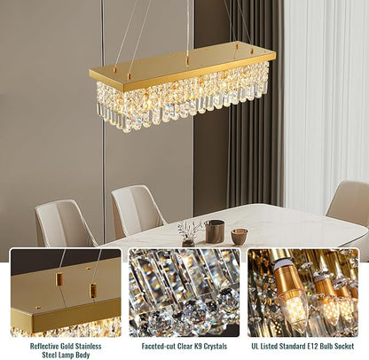 Siljoy 6-Light Modern Crystal Chandelier Rectangular Gold K9 Crystal Raindrop Chandelier for Dining Room, Luxury Adjustable Ceiling Pendant Light for Living Room Kitchen Island L31.5'' x W10'' x H10''