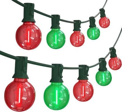 SUNSGNE 50FT Vintage Christmas Lights Outdoor, G40 LED Globe Outdoor Christmas Lights with 27 LED Clear Red Green Bulbs(2 Spare) for Patio Balcony Roofline Decor, Green Wire