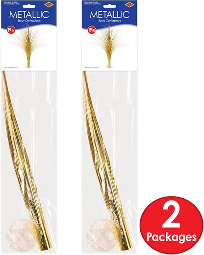 Beistle Metallic Spray Centerpieces - 2-Pack Elegant Gold Table Decorations with Clear Base, Shimmering Foil Sprays for New Year’s Eve, Hollywood Awards Night, Graduation and Celebration Events, 19”