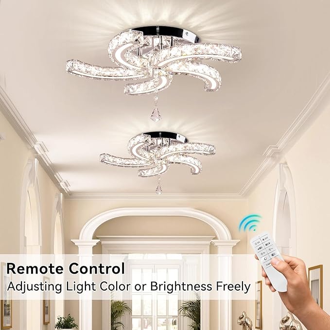 Finktonglan 19.7" Dimmable Crystal Semi Flush Mount Ceiling Light with Remote, 5-Light LED Modern Chandelier, K9 Crystal & Acrylic, 25W, 3000K–6500K Adjustable, Bedroom Living Room Dining