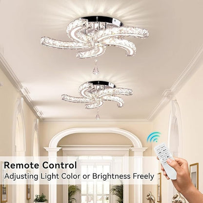 Finktonglan 19.7" Dimmable Crystal Semi Flush Mount Ceiling Light with Remote, 5-Light LED Modern Chandelier, K9 Crystal & Acrylic, 25W, 3000K–6500K Adjustable, Bedroom Living Room Dining