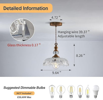 CVKASH Vintage Glass Pendant Light Fixture 2-Pack Brass Modern Adjustable Chandelier Farmhouse Hanging Ceiling Light for Hallway Porch Kitchen Bedroom Coffee Shop Dining Room