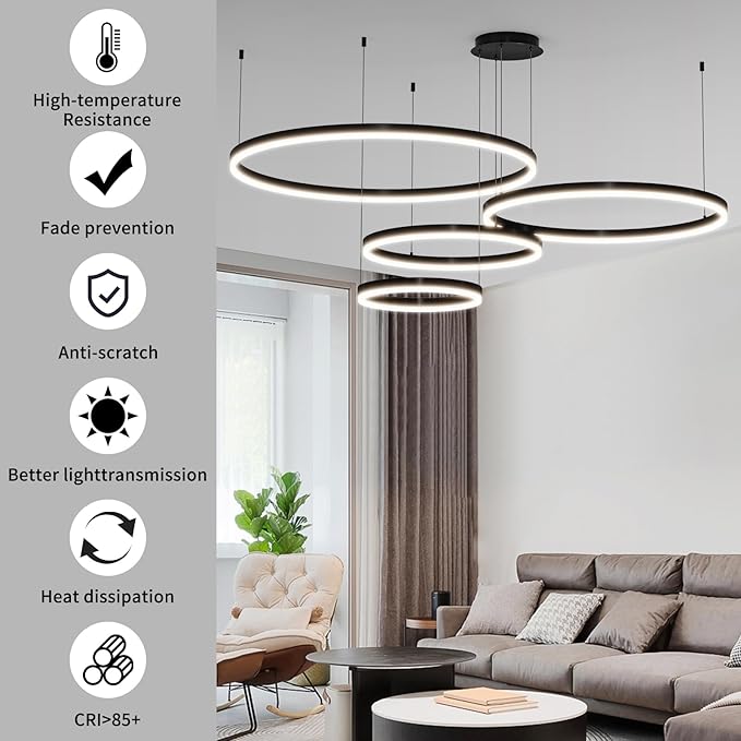 Mikeru Modern 4 Ring Chandelier Light, LED Pendant Light Fixtures with Remote Control 3000k-6500K Adjustable Color Temperature Light for Living Room, Bedroom, Kitchen