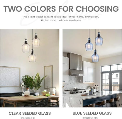 Emliviar 3-Light Chandelier Hanging Light Fixture, Modern Cluster Pendant Lighting for Kitchen Island with Clear Seeded Glass, Black Finish, DYE286G2-3 BK