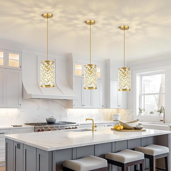 Gold Crystal Pendant Lights Kitchen Island, Modern Mini Chandelier, Adjustable Hanging Ceiling Light Fixture for Kitchen Dining Room Bedroom Foyer Bar (Gold, 1 Pack)