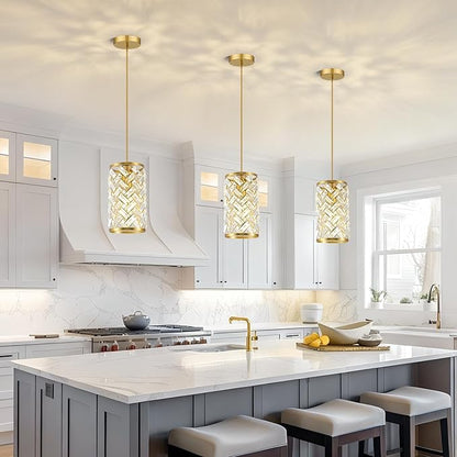 Gold Crystal Pendant Lights Kitchen Island, Modern Mini Chandelier, Adjustable Hanging Ceiling Light Fixture for Kitchen Dining Room Bedroom Foyer Bar (Gold, 1 Pack)