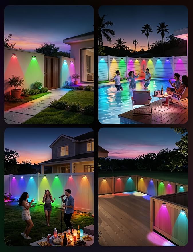 Solar Fence Lights Outdoor, 12 Pack Color Changing Fence Lights Solar Powered with 9 RGB Colors & 11 Lighting Modes, IP65 Waterproof Dusk to Dawn Fence Lights for Patio, Deck, Wall, Backyard