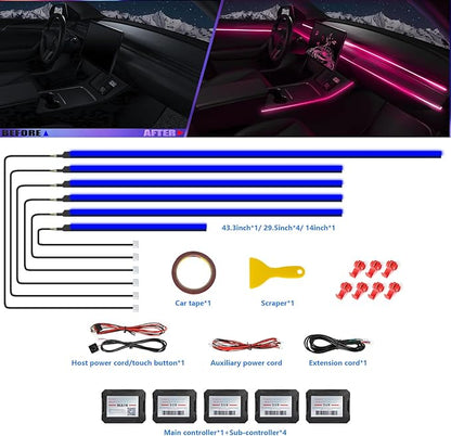 Acrylic Interior Car LED Strip Light with APP, RGB 6 in 1 with 175 inches 600 LEDs Fiber Optic Ambient Lighting Kits, 16 Million Colors Sound Active Function Car Neon LED Strip for Car