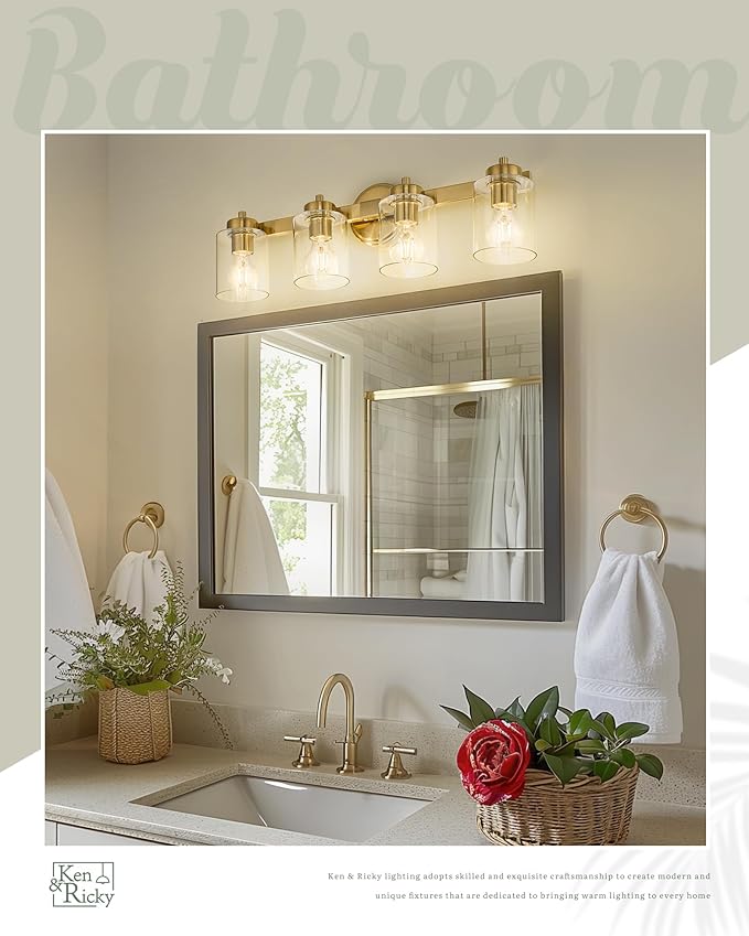 Ken & Ricky 4 Light Brushed Gold Bathroom Vanity Lights Fixtures Over Mirror, Modern Bathroom Wall Sconce Lighting Fixtures 24.6 inch with Clear Glass Shades for Living Room Bedroom Entryway