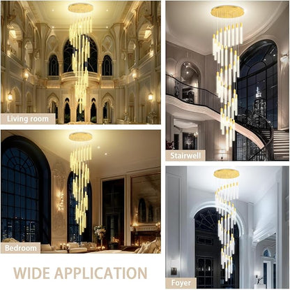 Extra Long Crystal Chandelier for High Ceiling, 36-Light Gold Crystal Column Chandeliers, Modern Dimmable LED Light Fixtures for Foyer, Staircase, Hotel Lobby
