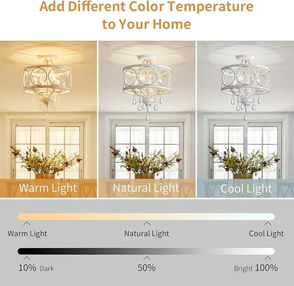Crystal Ceiling Light Fixture, Modern Semi Flush Mount Ceiling Light, 4-Light White Round Crystal Chandelier Hallway Lighting Fixtures for Bedroom Bathroom Foyer Entryway Dining Room Kitchen