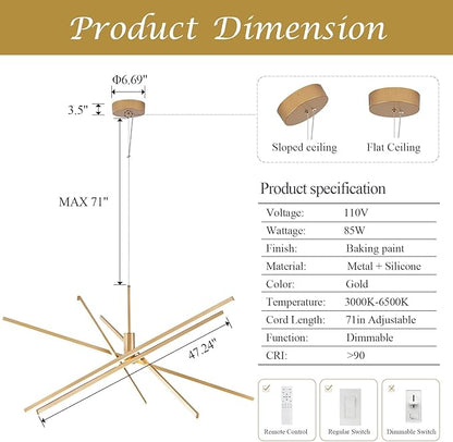 Big Gold Chandelier for Foyer Living Room 48 Inches High Ceiling Chandeliers Modern Remote Control Sputnik Chandelier for Large Living Room Dining Room Foyer