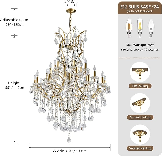 24 Lights Large Crystal Chandeliers for High Ceilings Brass Maria Theresa Chandelier Modern Chandelier Light Fixture for Foyer Living Room Hallway Entryway Staircase 55.1" H x 39.4" D