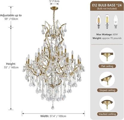 24 Lights Large Crystal Chandeliers for High Ceilings Brass Maria Theresa Chandelier Modern Chandelier Light Fixture for Foyer Living Room Hallway Entryway Staircase 55.1" H x 39.4" D