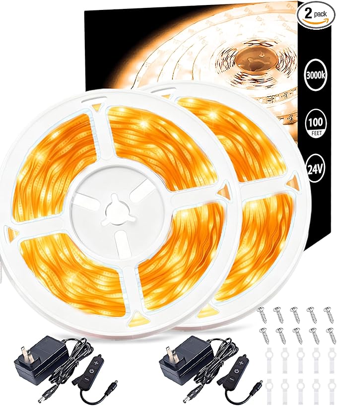 2 Set 50 FT Warm White Led Strip Lights for Bedroom Dimmable 100 FT 1800 LEDs Rope Light Flexible Super Bright White Tape Lights for Ceiling Room Home Decor Luces LEDs