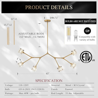6 Lights Gold Crystal Chandelier for Dining Room L43’’ Modern Luxury Sputnik Chandelier Over Table Adjustable Flush Mount Pendant Light Fixture for Living Room Kitchen Island Bedroom