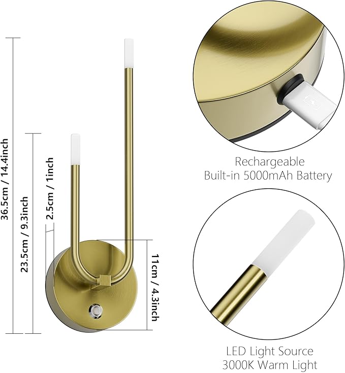 Aipsun Gold Battery Operated Wall Sconce Set of 2, Modern LED Rechargeable Wall Sconce Stepless Dimming Wireless Wall Lights for Bedroom,Living Room,Hallway Warm Light 3000K