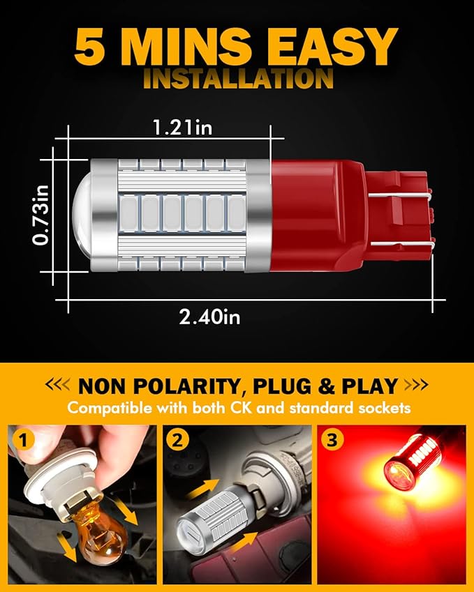 Auxbeam 7440 7443 LED Bulbs Brilliant Red for Tail Lights T20 7441 7444 Replacement Kit for Stop Brake Lights, 33-SMD LED Chips with Projector, Pack of 2 (Need Resistors)