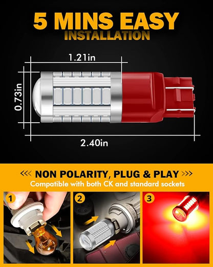 Auxbeam 7440 7443 LED Bulbs Brilliant Red for Tail Lights T20 7441 7444 Replacement Kit for Stop Brake Lights, 33-SMD LED Chips with Projector, Pack of 2 (Need Resistors)