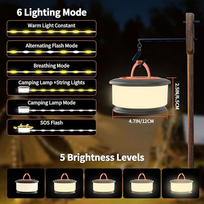 Camping String Lights, 4 in 1 Retractable String Lights, Quick 30s Recovery, 32.8ft Rechargeable LED Fairy Lights for Outside, 32.8ft Portable Tent Lights for Tent Patio Awning Garden RV Decoration
