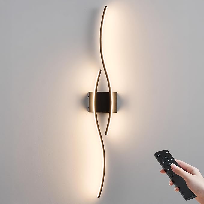 KARTOOSH Battery Operated Wall Sconces with Remote Control, Dimmable/3 Color/Night-Light/Timer/Memory, Black Modern Wireless LED Sconce for Living Room, Hallway, Bedroom, 39.3 Inch (1 Pack)