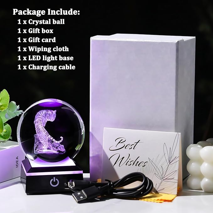 Arikyrist 3D Tiger Crystal Ball Figurine with Colorful Light Base, Tiger Gifts for Women Men on Christmas Birthday, Laser Engraved Tiger Collectible Globe Glass Decorative Ball for Home Office (80mm)
