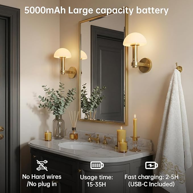 Wireless Wall Sconce Set of 2 for Bedroom Living Room, Battery Operated Wall Sconce Decor Light with Remote & 5000mAh Rechargeable, Gold Mushroom Wall Lamps for Hallway Bathroom Vanity